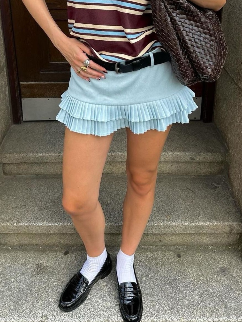 Lioness Double Ruffle Mini Skirt Skort in Light Blue - Y2K Tennis Skirt - Picture 2 of 6